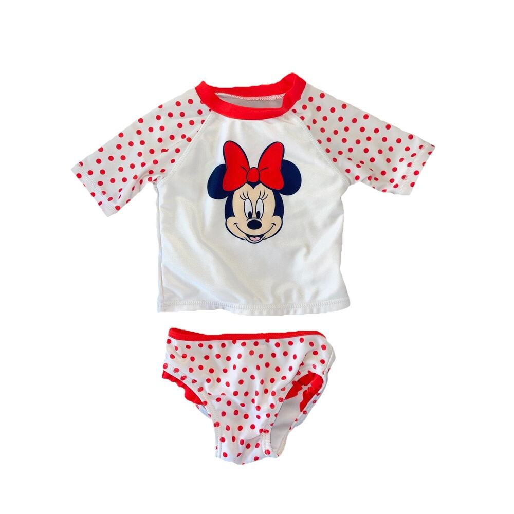 NWOT Disney Baby Minnie Mouse Swimsuit 3-6M Rash Guard 2 Pc Set Polka Dot Red
